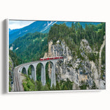Vintage poster art of a classic train in vibrant colors on a large framed canvas, suited for living room decor.