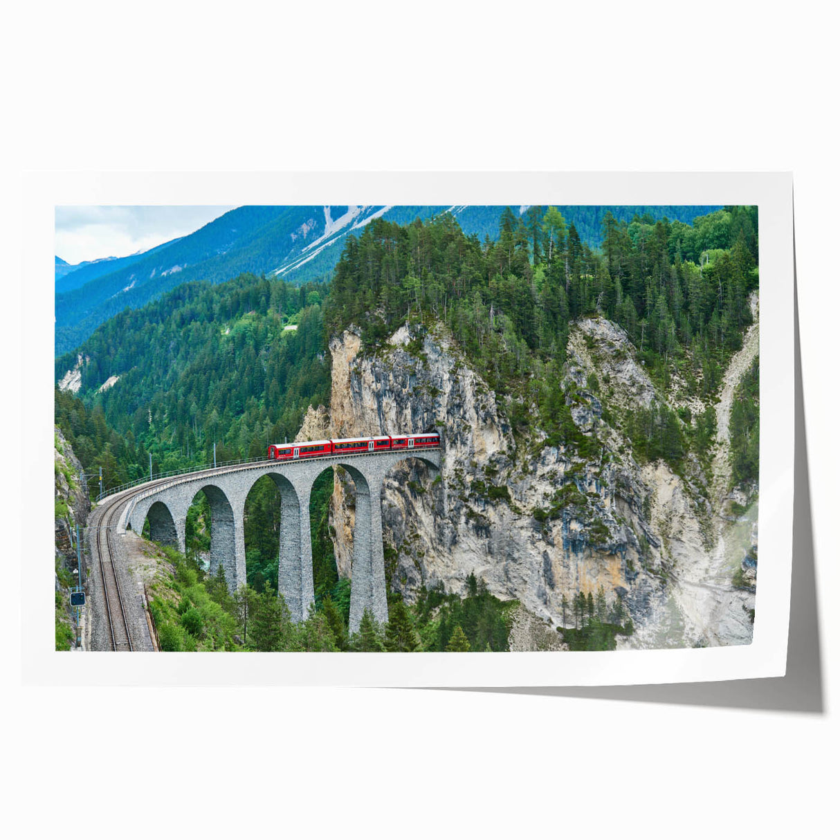 Vintage train illustration in muted earth tones on a rolled print, suitable for art wall dining room.