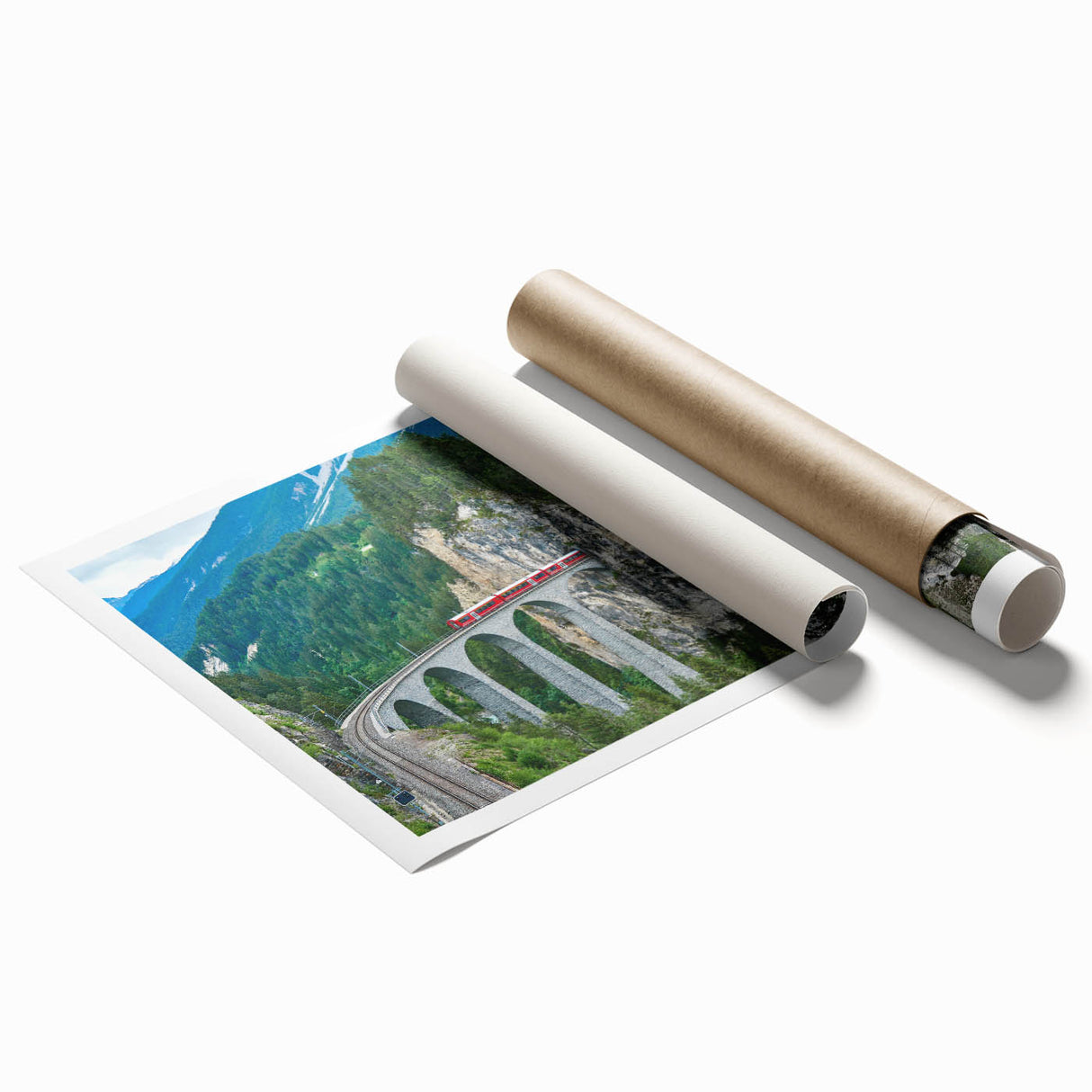 Extra large rolled print featuring a vintage train in muted earth tones, ideal for classy bathroom wall art.