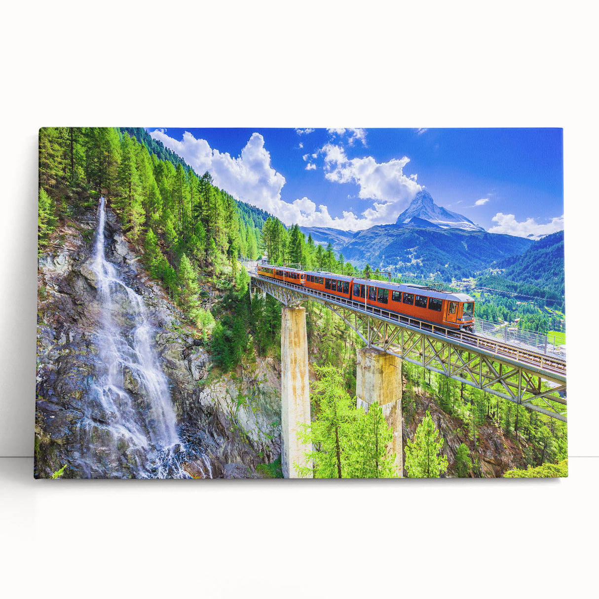 Black and white photograph of a vintage train on stretched canvas, ideal for kitchen wall art or bedroom decor.