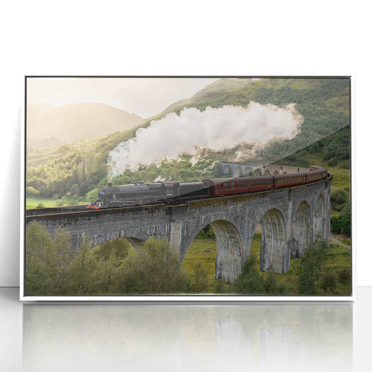 Art deco poster of a streamlined train in monochrome, acrylic print in a white frame, suitable for nursery wall art.