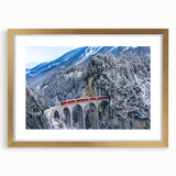 Extra large abstract art print of a stylized train in textured gold and black, framed with a mat.