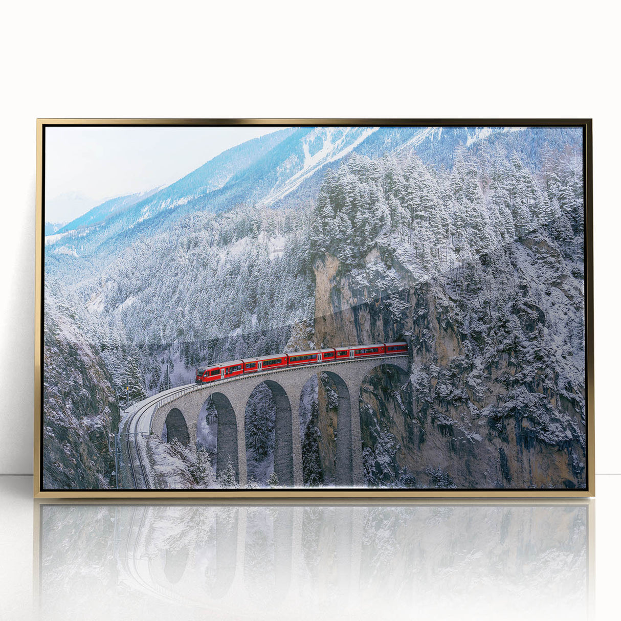Mid-century modernist train illustration in gold and black, acrylic print framed, suitable for nursery wall art.