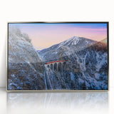 Mid-century modernist art depicting a silver train, framed in acrylic, with cool gray tones, ideal for nursery wall art.