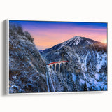 Vintage poster art featuring a colorful train on a black background, framed canvas, ideal for living room decor.