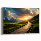Framed canvas depicting a vintage train in black with colorful landscape background, ideal for office decor.