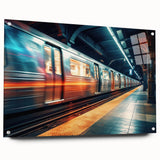 Side view of a train in muted gray and blue tones on acrylic glass, suitable for bedroom or dining room decor.