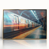 Mid-century modernist train illustration in muted earth tones on a gold-framed acrylic, ideal for nursery wall art.