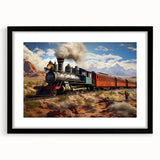 Extra large abstract art print of a colorful, textured train, framed in black, ideal for living room decor.