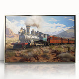 Mid-century modernist art deco train illustration in muted gray and blue tones, framed acrylic, ideal for nursery wall art.