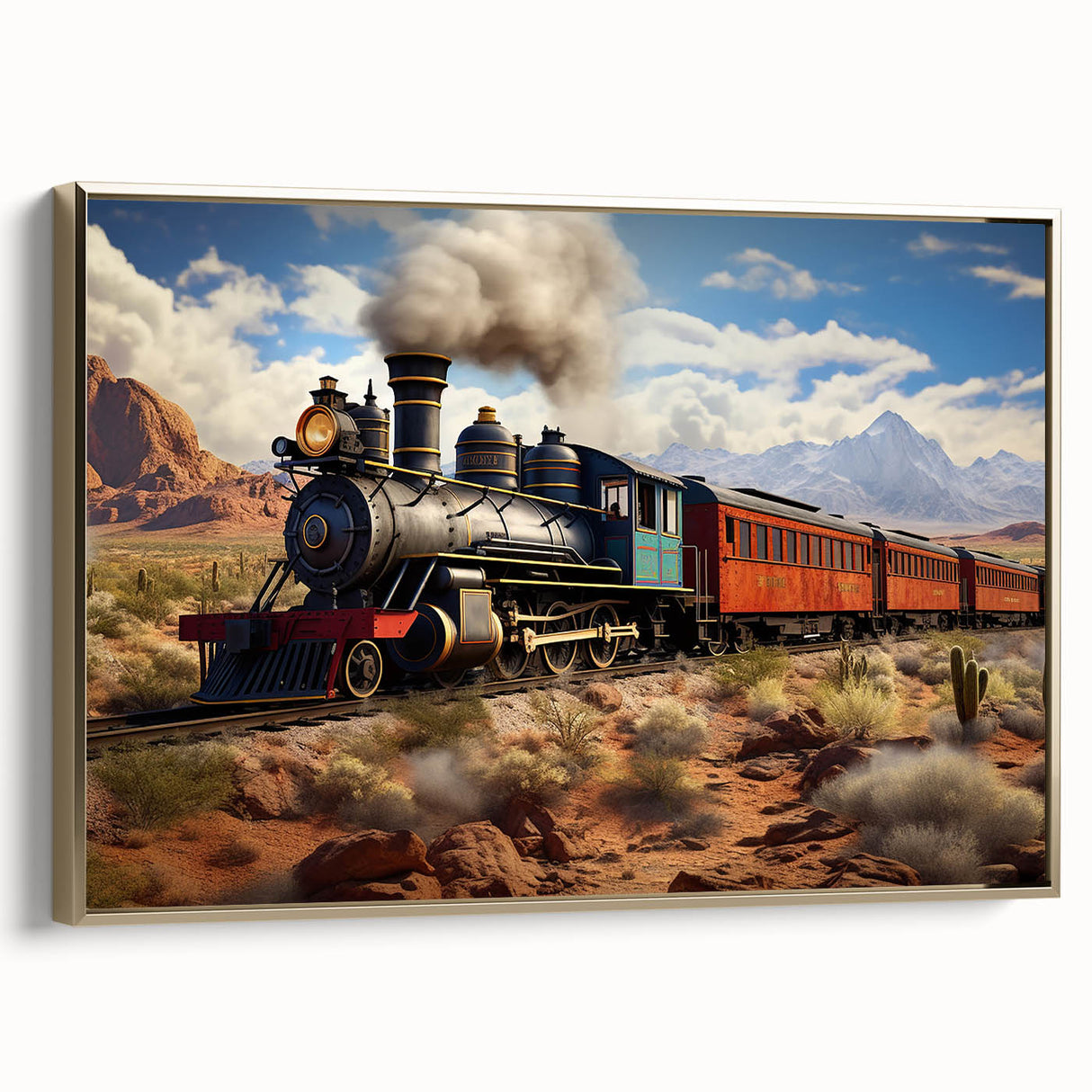 Framed canvas featuring a vintage-style train landscape in black and gold, ideal for bedroom wall art.