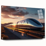 Side view of a large abstract train artwork in muted gray and blue tones on acrylic glass.