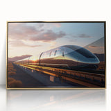 Mid-century modernist train illustration in muted earth tones on a gold-framed acrylic, suitable for nursery wall art.