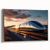 Framed canvas of a vintage train in motion, rendered in black with colorful accents, ideal for office decor.