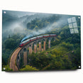 Side view of a train in muted gray and blue tones on acrylic glass, ideal for modern bedroom or dining room decor.