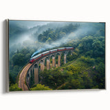 Framed canvas depicting a vintage train in a colorful landscape, ideal for adding a classic touch to office spaces.