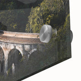 Large abstract wall art featuring a mid-century modernist train print in muted earth tones on acrylic glass.