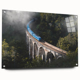 Acrylic print of a side-view train in muted gray and blue tones, suitable for dining room or bedroom decor.