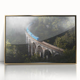 Mid-century modernist train print in muted earth tones on a framed acrylic, ideal for nursery wall decor.