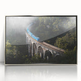 Mid-century modernist art of a train in muted earth tones on a silver-framed acrylic, ideal for nursery wall art.