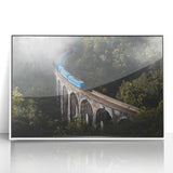 Art deco train poster in vibrant primary colors, framed acrylic, ideal for nursery wall decor.