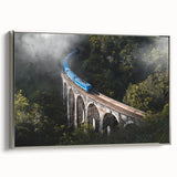 Framed canvas of a vintage train in a colorful landscape, ideal for decorating a home office.