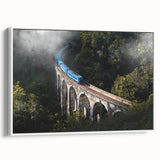 Vintage poster art featuring a colorful train on a black background, displayed on an extra-large framed canvas.