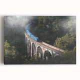 Black and white photo of a vintage train on stretched canvas, ideal for kitchen wall art.