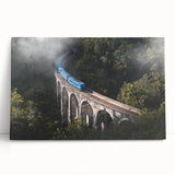 Black and white photograph of a vintage train on stretched canvas, ideal for kitchen wall art or bedroom decor.