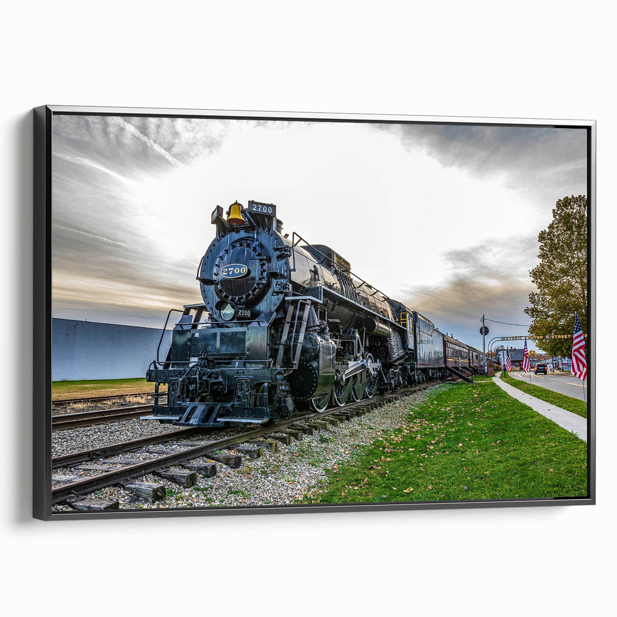 Black and white framed canvas featuring a vintage train landscape, ideal for bedroom wall decor.