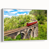 Vintage poster art of a train, featuring vibrant colors on a black background, framed canvas, ideal for living room decor.