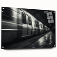 Acrylic print of a side view train in muted metallic tones, ideal for dining room decor.