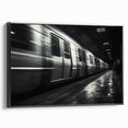 Black and white framed canvas of a vintage train in motion, ideal for bedroom wall decor.