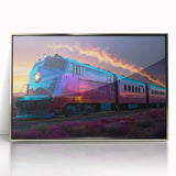 Mid-century modernist art depicting a silver train on acrylic print, ideal for nursery wall art.