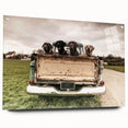 Acrylic print of a collection of colorful abstract trucks, ideal for dining room decor.