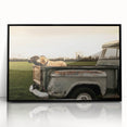 Framed acrylic print of large abstract wall art featuring assorted trucks in mid-century modernist style, using bold colors.