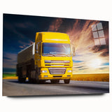 Acrylic print of abstract trucks in neutral tones, suitable for bedroom or dining room decor.