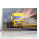 Framed acrylic print of art deco style trucks in muted gray and blue, ideal for nursery wall art.