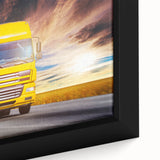Extra large framed canvas featuring a textured, colorful array of trucks in a black background.