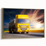 Vintage poster art of a black truck on a landscape, framed canvas in gold, ideal for bedroom wall decor.