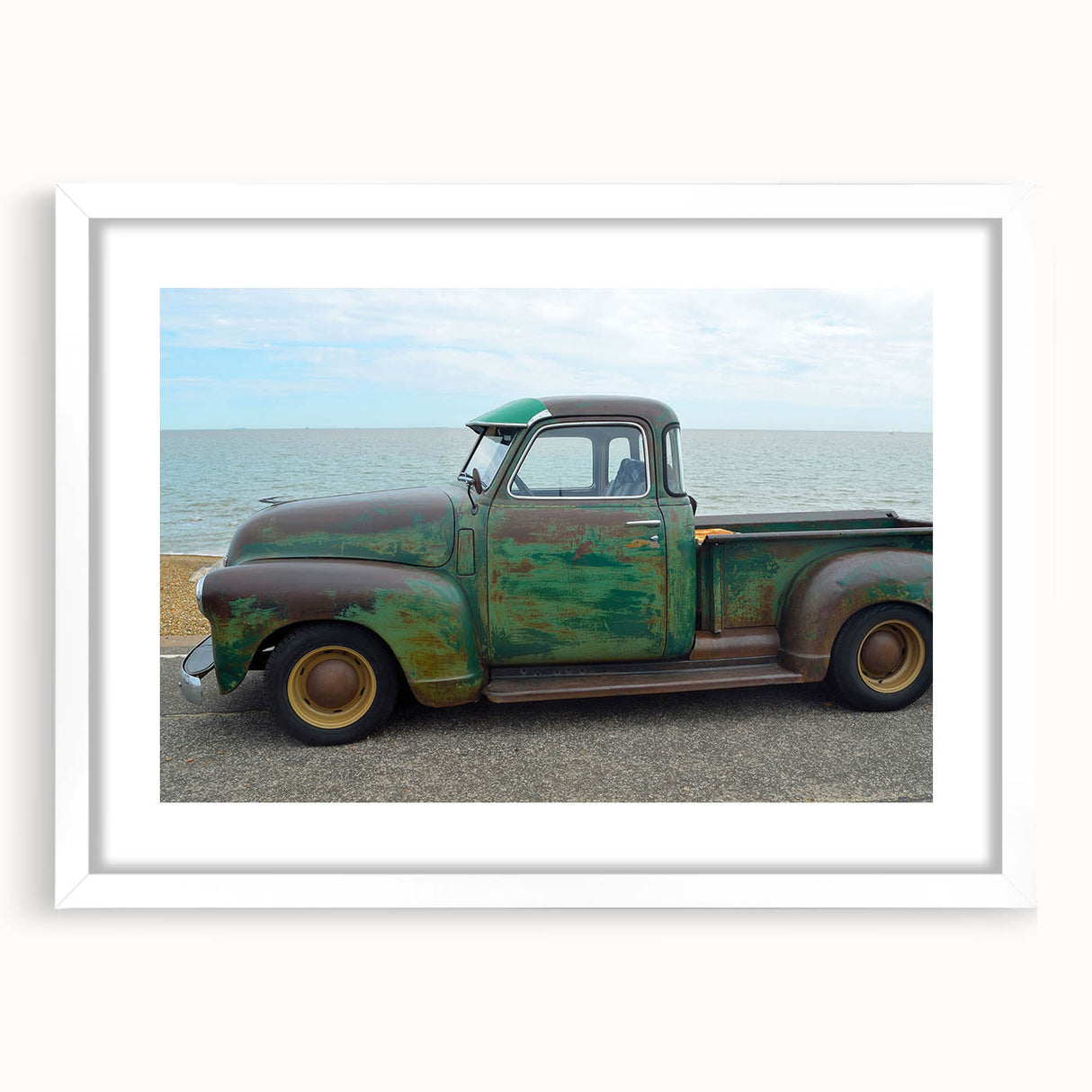Abstract art print of colorful trucks in a dynamic composition on a white framed mat, ideal for dining room decor.