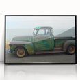 Large abstract wall art featuring vibrant geometric trucks in mid-century modernist style, acrylic print in a black frame.