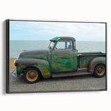 Black and white vintage truck art on a framed canvas, ideal for bedroom wall decor, featuring a landscape orientation.