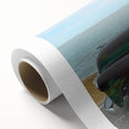 Art Deco style poster of colorful trucks on a rolled canvas, ideal for nursery wall art.