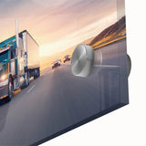 Large abstract wall art featuring a collection of mid-century modernist trucks in muted colors on acrylic glass.