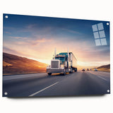 Acrylic print of a large abstract depiction of trucks in muted gray and blue tones.