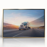 Mid-century modernist art of colorful trucks on gold acrylic, framed, ideal for nursery wall decor.