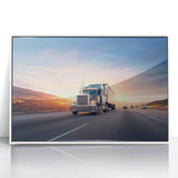 Art deco poster of colorful trucks in a line on white acrylic, framed, ideal for nursery wall decor.