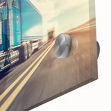 Large abstract wall art of colorful trucks in mid-century modernist style on acrylic glass, suitable for dining room decor.