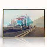 Mid-century modernist art of colorful trucks on a gold-framed acrylic print, suitable for nursery wall decor.